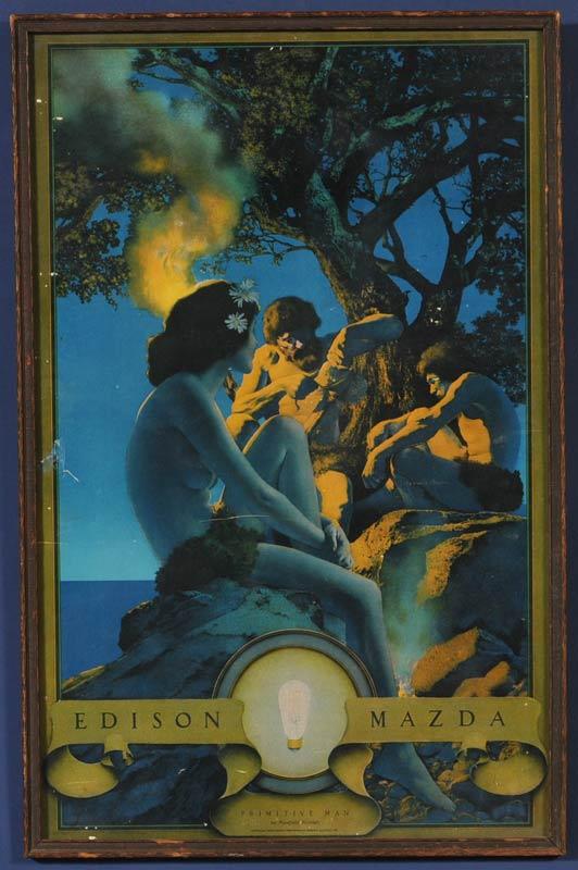 MAXFIELD PARRISH Primitive Man large Edison Mazda c: MAXFIELD PARRISH Primitive Man large Edison Mazda calendar top, 24"x 15 1/2" lithograph 1920. SHIPPING: Shipping through a third party shipper.