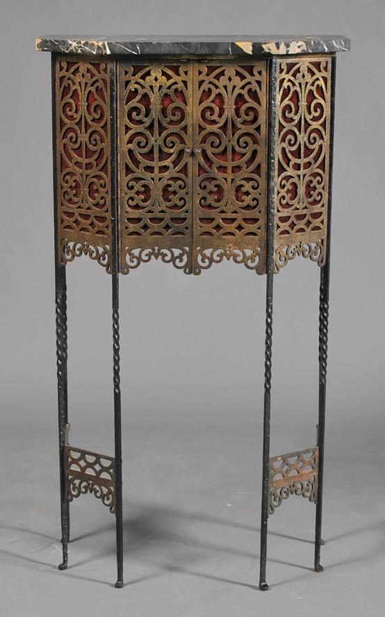 attributed to OSCAR BACH BRONZE AND IRON TELEPHONE : attributed to OSCAR BACH BRONZE AND IRON TELEPHONE STAND with marble top 41"x 23"x 11" circa 1930