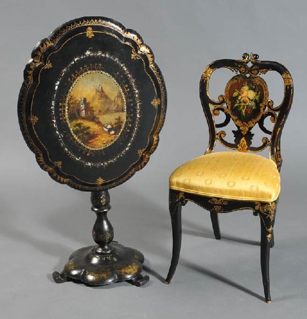 VICTORIAN PAPIER MACHE TILT-TOP TABLE AND SIDE CHAI: VICTORIAN PAPIER MACHE TILT-TOP TABLE AND SIDE CHAIR each with a painted scene table 26"x 22"x26" high mid-19th century