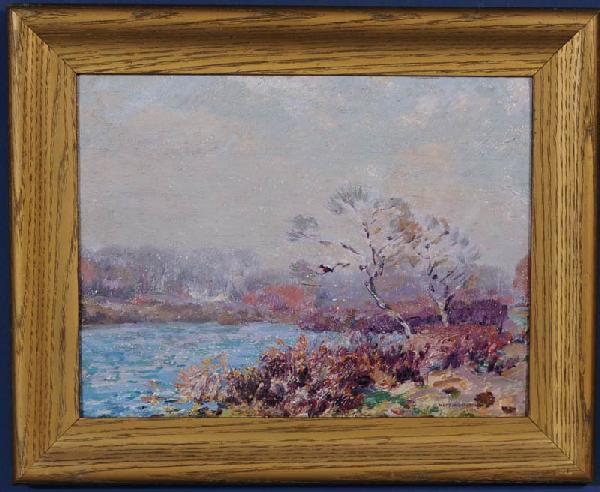 LAWRENCE MAZZANOVICH Connecticut River Landscape 1: LAWRENCE MAZZANOVICH Connecticut River Landscape 10"x 13 1/2" oil on board signed lower right SHIPPING: International shipping through a third party shipper. Packing & shipping within the Continental