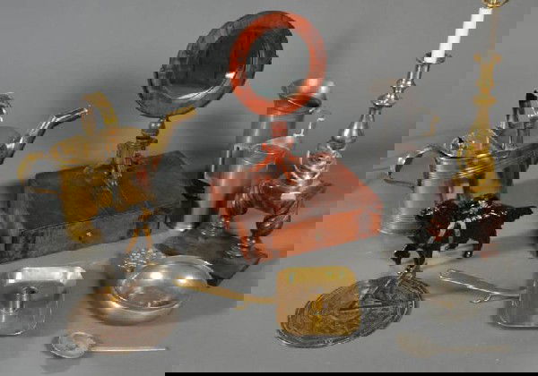 COLLECTION OF ACCESSORIES including shaving mirror: COLLECTION OF ACCESSORIES including shaving mirror, pewter, finials SHIPPING: International shipping through a third party shipper. Packing & shipping within the Continental USA available through Fair