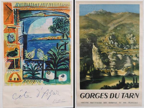 PAIR OF FRENCH TRAVEL POSTERS Cote d' Azur Picasso: PAIR OF FRENCH TRAVEL POSTERS Cote d' Azur Picasso 39"x 26" and Gorges Du Tarn 39"x 24 1/4"