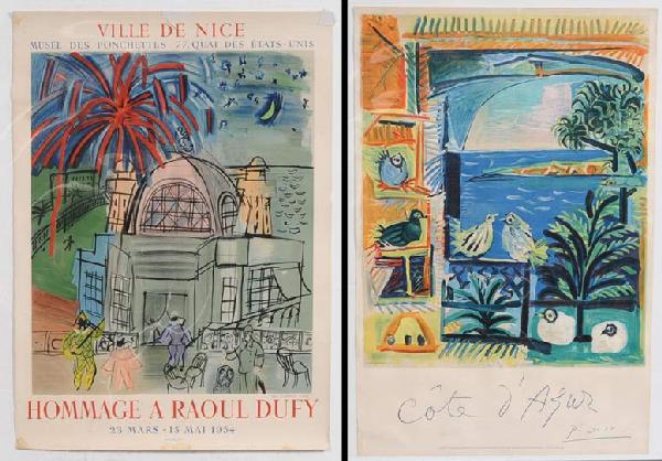 PAIR OF FRENCH POSTERS Ville De Nice Hommage A Raou: PAIR OF FRENCH POSTERS Ville De Nice Hommage A Raoul Dufy, 1954, 28"x 20" together with Cote d' Azur Picasso 39"x 26"
