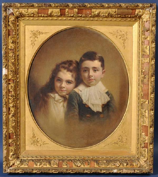 STEPHEN J. FERRIS Brother And Sister 28" x 24" ova: STEPHEN J. FERRIS Brother And Sister 28" x 24" oval oil on canvas dated 1893