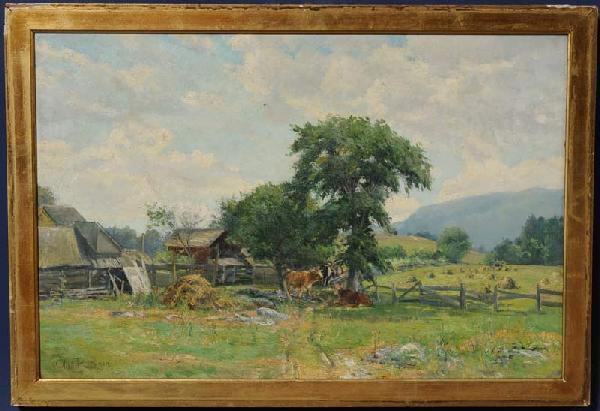 OLIVE PARKER BLACK Farm Scene in Berkshires 16"x 2: OLIVE PARKER BLACK Farm Scene in Berkshires 16"x 24" oil on canvas lacking outer frame