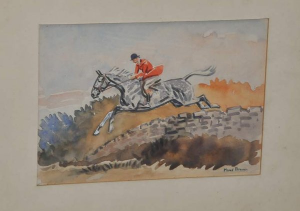 PAUL BROWN Steeplechase 4 3/4" x 6 3/4" watercolor: PAUL BROWN Steeplechase 4 3/4" x 6 3/4" watercolor signed lower right