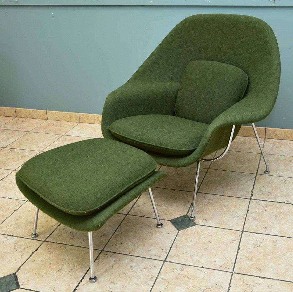 Knoll Womb Lounge and Ottoman: by Eero Saarinen green upholstery with stainless steel legs 36" high, 39" wide, 21" deep seat