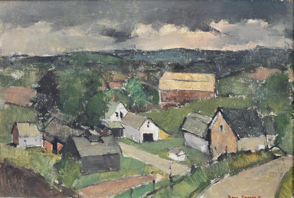 Paul Sample: Farm Scene 14" x 20" oil on board signed lower right 20" x 26" overall with the frame