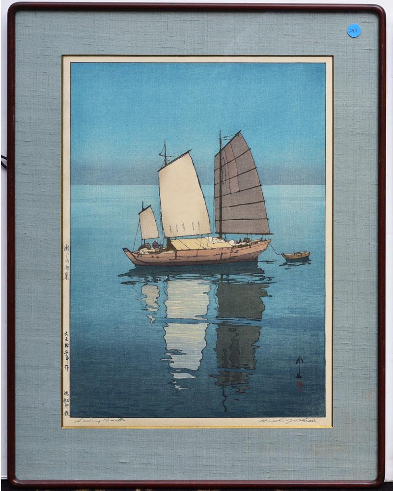 Hiroshi Yoshida: Sailing Boats 20" x 14" (image) dai-oban woodblock print titled with artist stamp 27 1/2" x 20 3/4" overall with the frame.