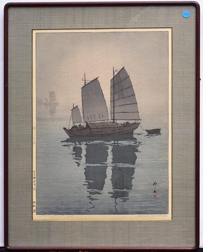 Hiroshi Yoshida: Sailing Boats- Mist 20" x 14" (image) dai-oban woodblock print titled with artist stamp 27 1/2" x 20 3/4" overall with the frame.