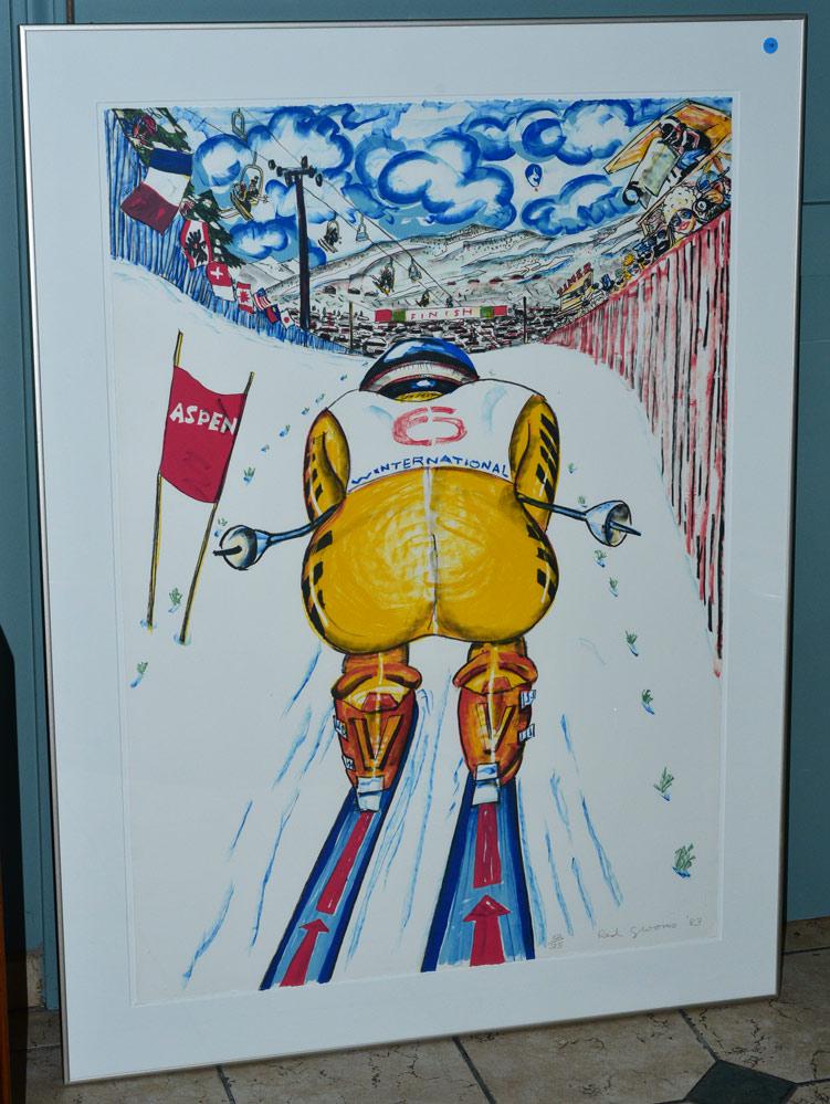 Red Grooms: Downhill 42" x 29 1/2" lithograph from an edition of 75, pencil signed and dated 1983 49 1/2" x 37" overall with the frame