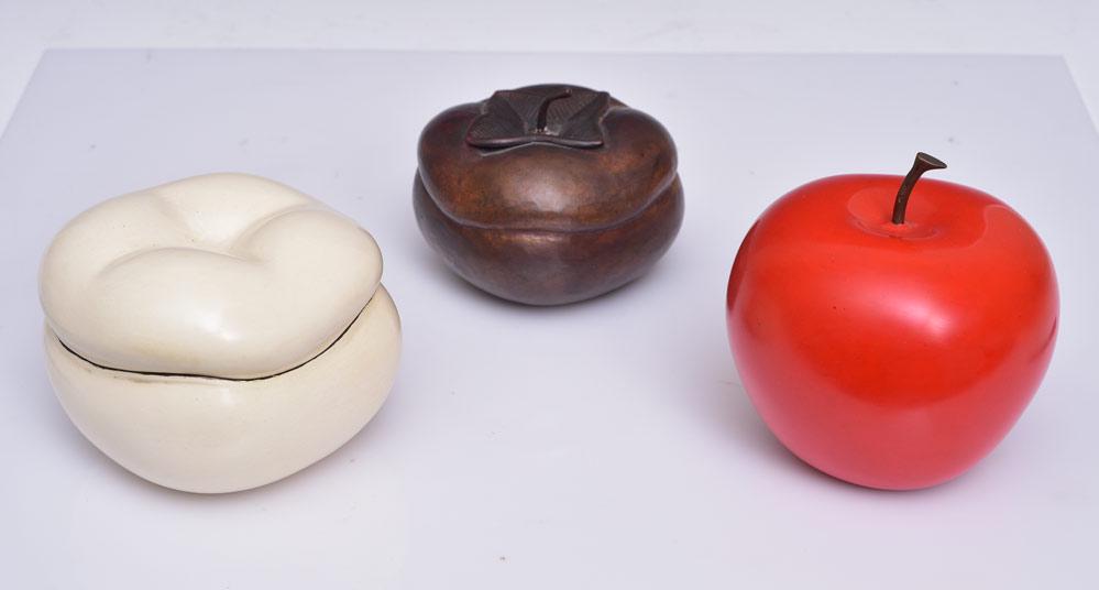 Robert Kuo Lacquered Fruit (3): apple, 5" high, gourd and a covered white jar all signed