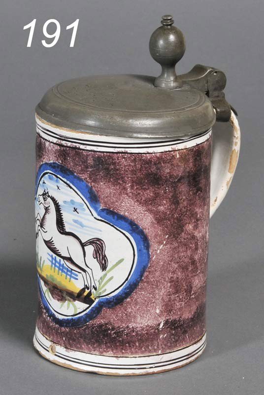 DUTCH FAIENCE TANKARD with horse decoration 18th c: DUTCH FAIENCE TANKARD with horse decoration 18th century
