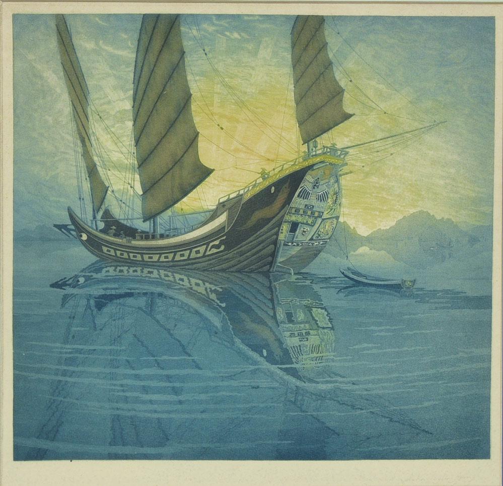 John Taylor Arms: Where the Junk Sails Lift 11 3/4" x 12 3/4" aquatint pencil signed lower right 19" x 19" overall with the frame