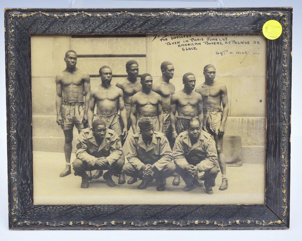 WWII Black Boxers Photograph: 7" x 9" photograph inscribed and dated ...Taken in Paris June 1, 45 American Boxers at Palaise De Glace..."