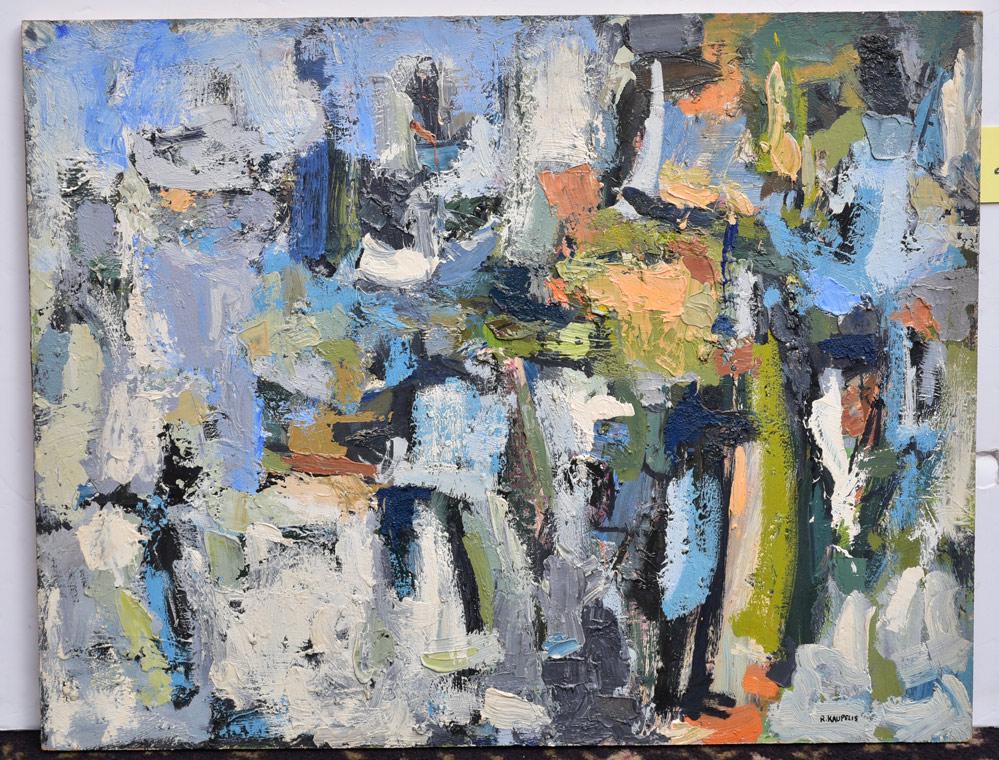 Robert Kaupelis: Blue Juice 28" x 36" oil on board signed lower right titled and dated 1958 verso
