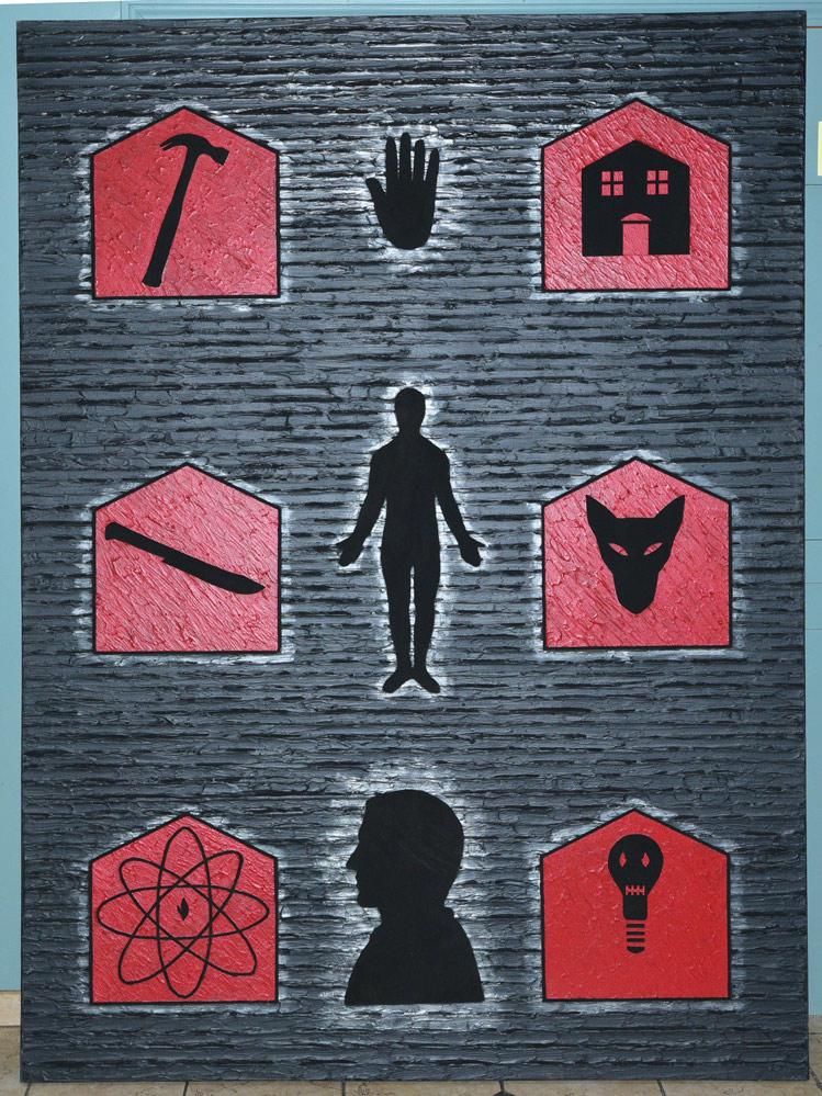 Jamie Brunson: Builder, Hunter, Inventor, 1983 82" x 60" mixed media on canvas signed on the stretcher, with label