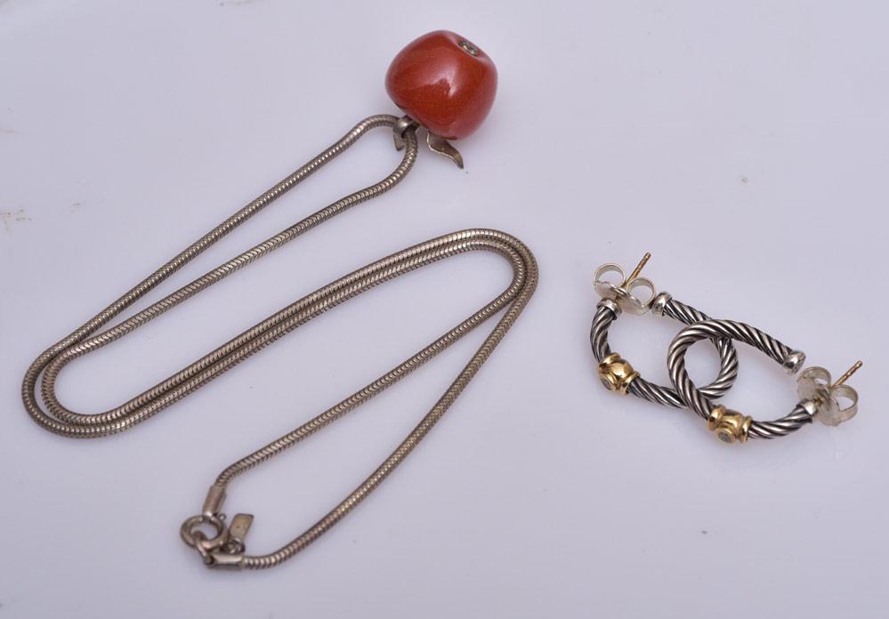 Cartier Sterling Necklace and D. Yurman Earrings: Jasper "Apple" Pendant on a signed Cartier 19" long sterling silver chain and a pair of David Yurman sterling and 18k gold earrings for pierced ears signed "D.Y./.925/.750"
