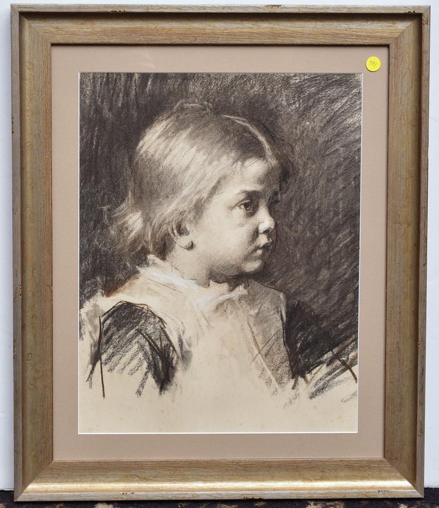 Dutch School: labeled Therese Schwartze portrait of a girl 19"x14" charcoal