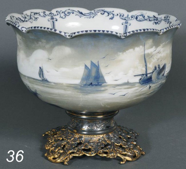 PAIRPOINT PUNCH BOWL with decorated white glass bow: PAIRPOINT PUNCH BOWL with decorated white glass bowl, 14 1/2" diameter