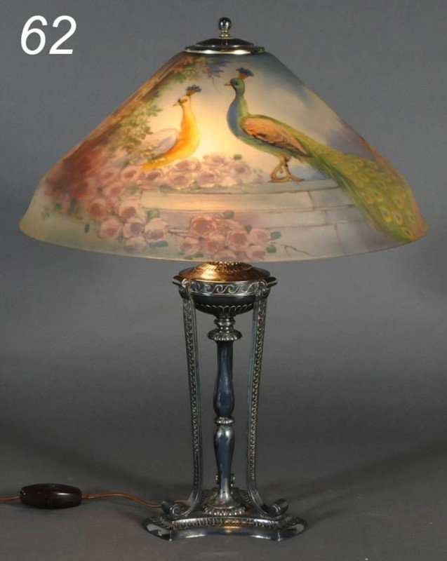 PAIRPOINT REVERSE PAINTED TABLE LAMP with Peacocks : PAIRPOINT REVERSE PAINTED TABLE LAMP with Peacocks on a Garden Wall shade 18" diameter signed "The Pairpoint Corp."