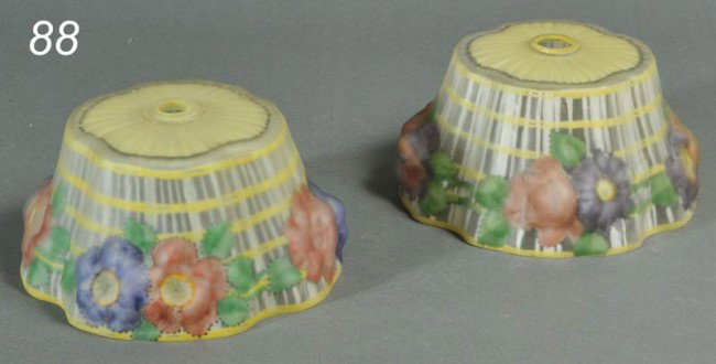 PAIR OF PAIRPOINT REVERSE PAINTED PUFFY SHADES with: PAIR OF PAIRPOINT REVERSE PAINTED PUFFY SHADES with latice decoration one stamped Pairpoint Corp 8 1/2" diameter