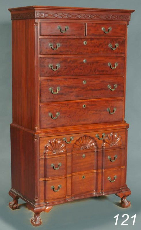 FINEBERG MAHOGANY CHEST ON CHEST with 3 carved she: FINEBERG MAHOGANY CHEST ON CHEST with 3 carved shells, block front and ball and claw feet 35"x70"x19" early 20th century