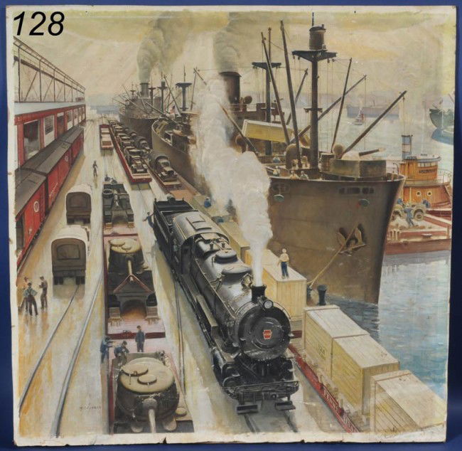 JOHN FORD CLYMER WWII Dock Scene original illustra: JOHN FORD CLYMER WWII Dock Scene original illustration art for the Pennsylvania Railroad 36"x36" watercolor on paper mounted to board signed lower left
