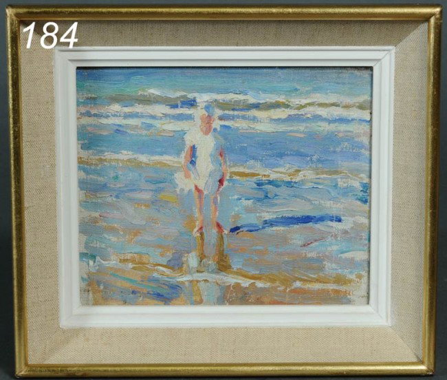 CHARLES ATAMIAN Young Girl at the Shore 6"x 7 3/8": CHARLES ATAMIAN Young Girl at the Shore 6"x 7 3/8" oil on board note verso from artist's daughter attesting to authenticity
