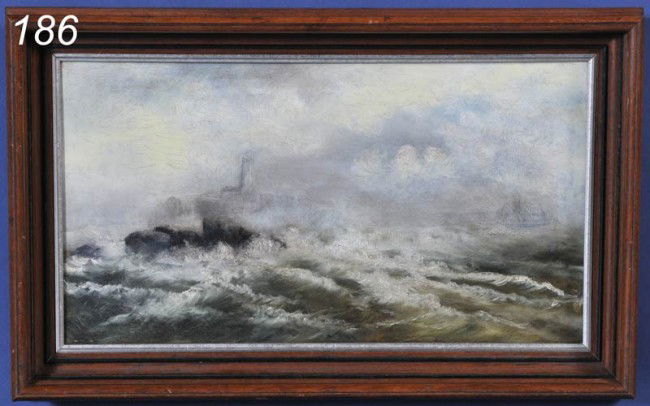 ATTRIBUTED TO CLEMENT DREW Stormy Coastline with L: ATTRIBUTED TO CLEMENT DREW Stormy Coastline with Lighthouse 10"x18" oil on canvas unsigned
