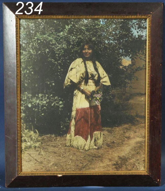 CARL MOON Indian Maiden with flowers tinted photog: CARL MOON Indian Maiden with flowers tinted photograph 20"x 24" signed lower right with 1914 blind stamp