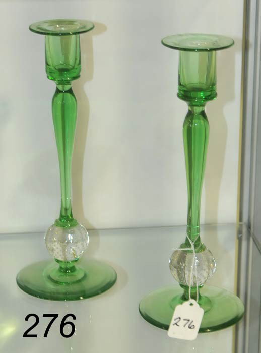 PAIRPOINT TRAPPED BUBBLES CANDLESTICKS 11" high, o: PAIRPOINT TRAPPED BUBBLES CANDLESTICKS 11" high, one with fracture