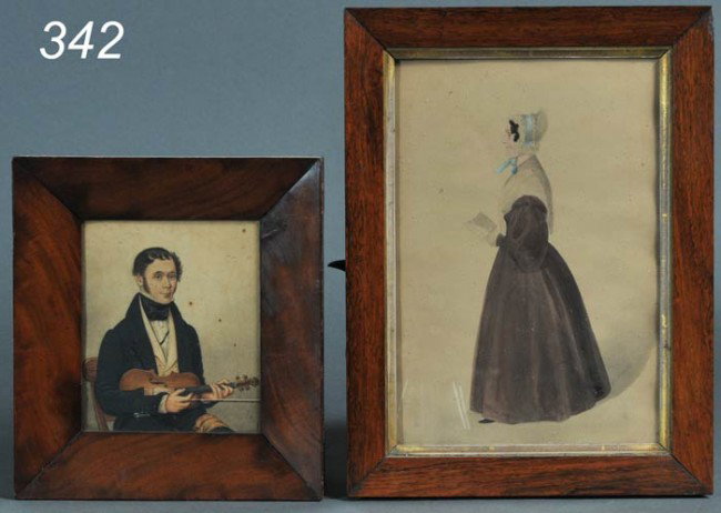 AMERICAN SCHOOL PORTRAIT OF A MAN WITH VIOLIN 6"x5: AMERICAN SCHOOL PORTRAIT OF A MAN WITH VIOLIN 6"x5" w/c, together with PROFILE PORTRAIT OF A WOMAN 11"x7" w/c, 19th century