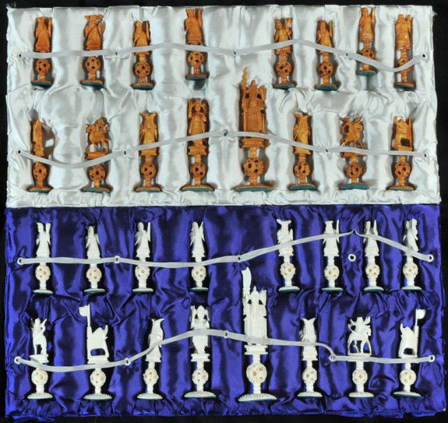 CHINESE CARVED BONE CHESS SET with mystery balls: CHINESE CARVED BONE CHESS SET with mystery balls