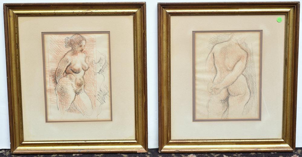 Moses Soyer (2): Two Female Nude Sketches each 13 1/2" x 10" conte crayon signed lower left 23 1/2" x 21 1/2" overall with the frame