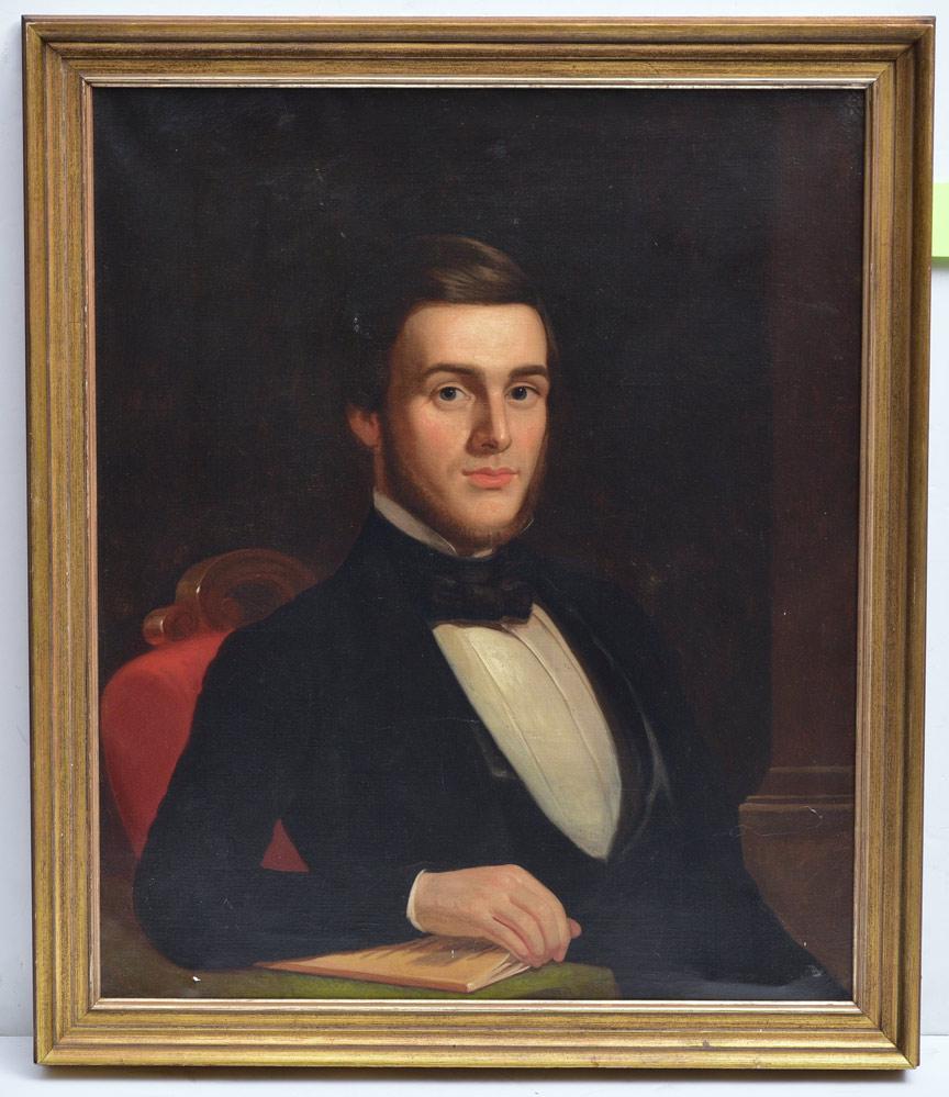 American School Portrait: Gentleman with Book 30" x 25" oil on canvas unsigned 34" x 29" overall with the frame