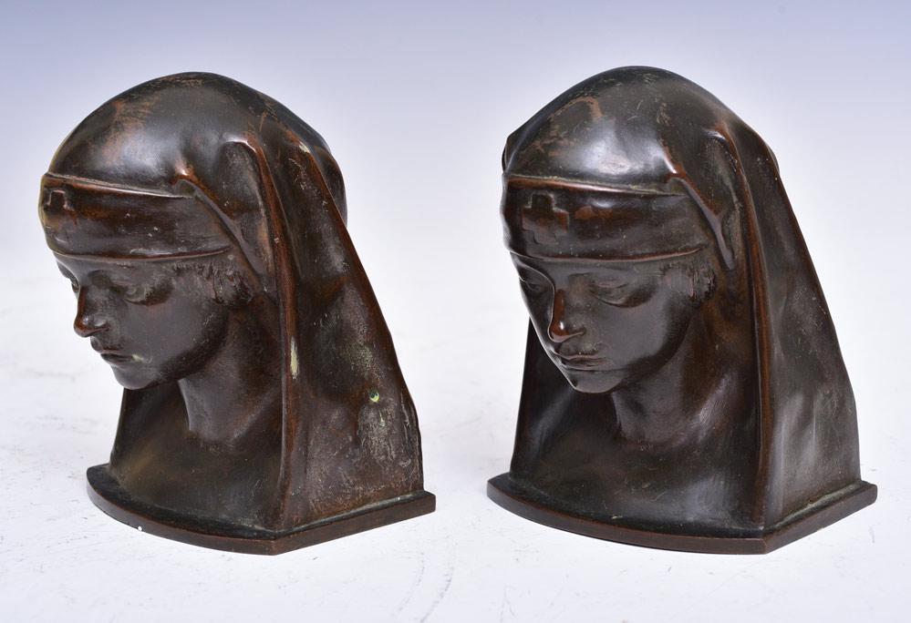 Pair of Bronze "Red Cross" Bookends: each 5 1/2" high, signed Villa, 1919 Zoppo Foundry, New York