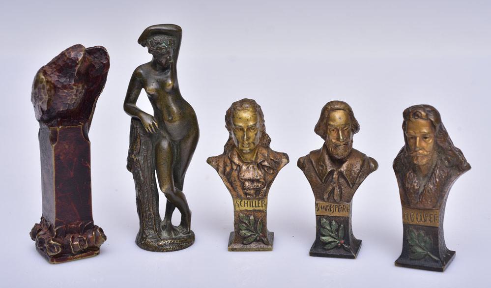 Four Bronze Seals: including Shakespeare and Vulture together with a miniature bronze of a Female Nude, 3 3/4" high