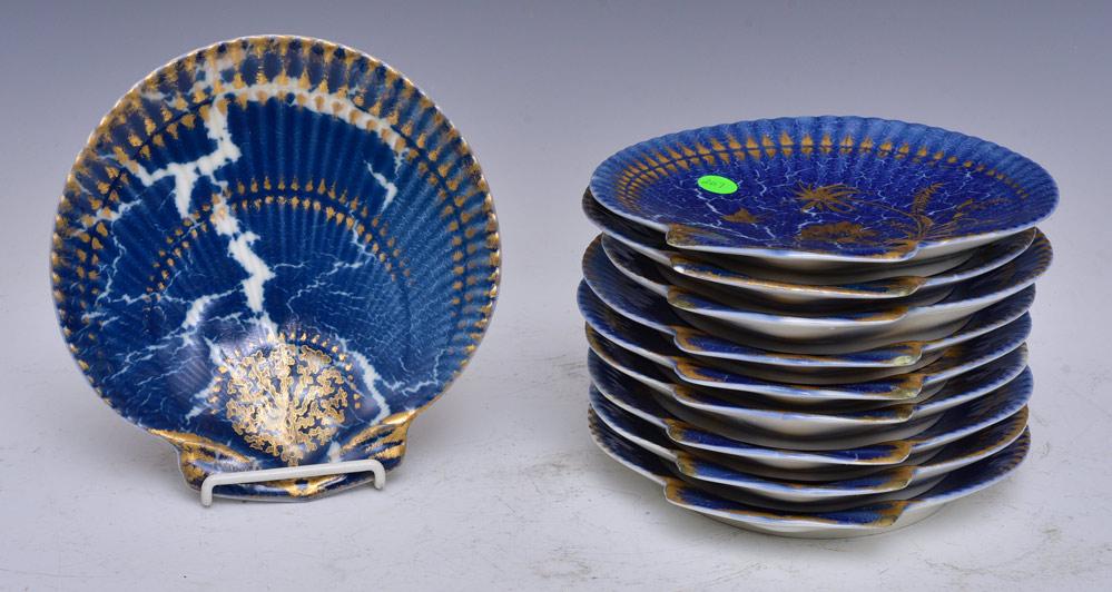 KPM Porcelain "Shell" Plates: a set of 8 and a set of two, 8 1/2" long early 20th century