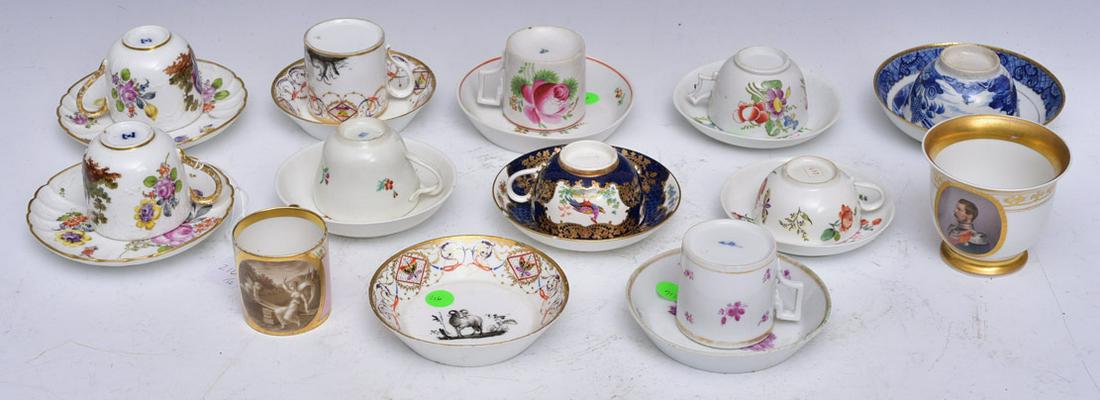 Twelve Porcelain Tea Cups: 10 have saucers, one with matching plate