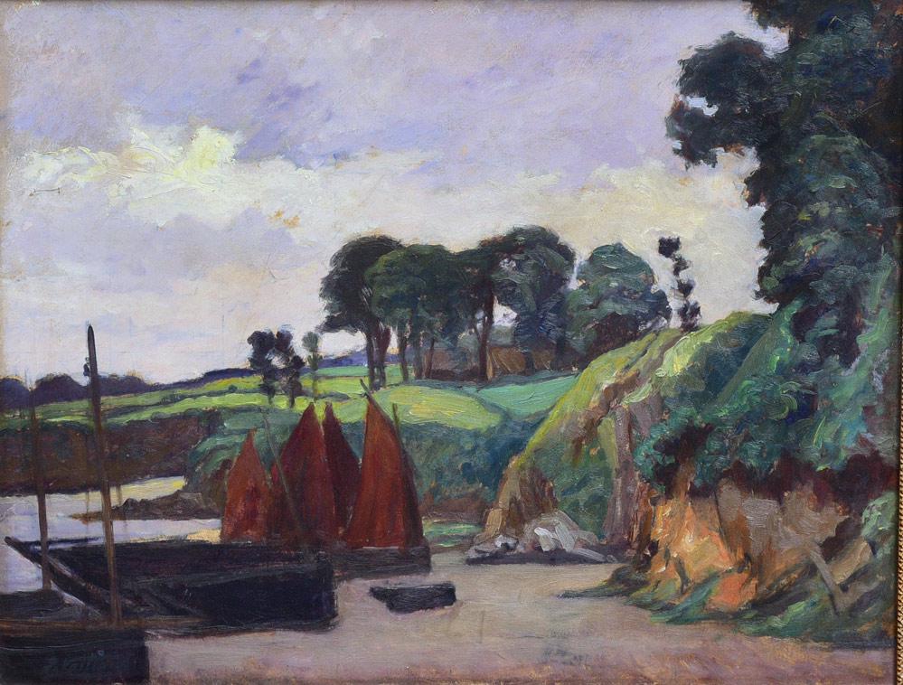 Pierre Henri Vaillant: Brittany Boats 20" x 25" oil on board signed lower left 30" x 24" overall with the frame