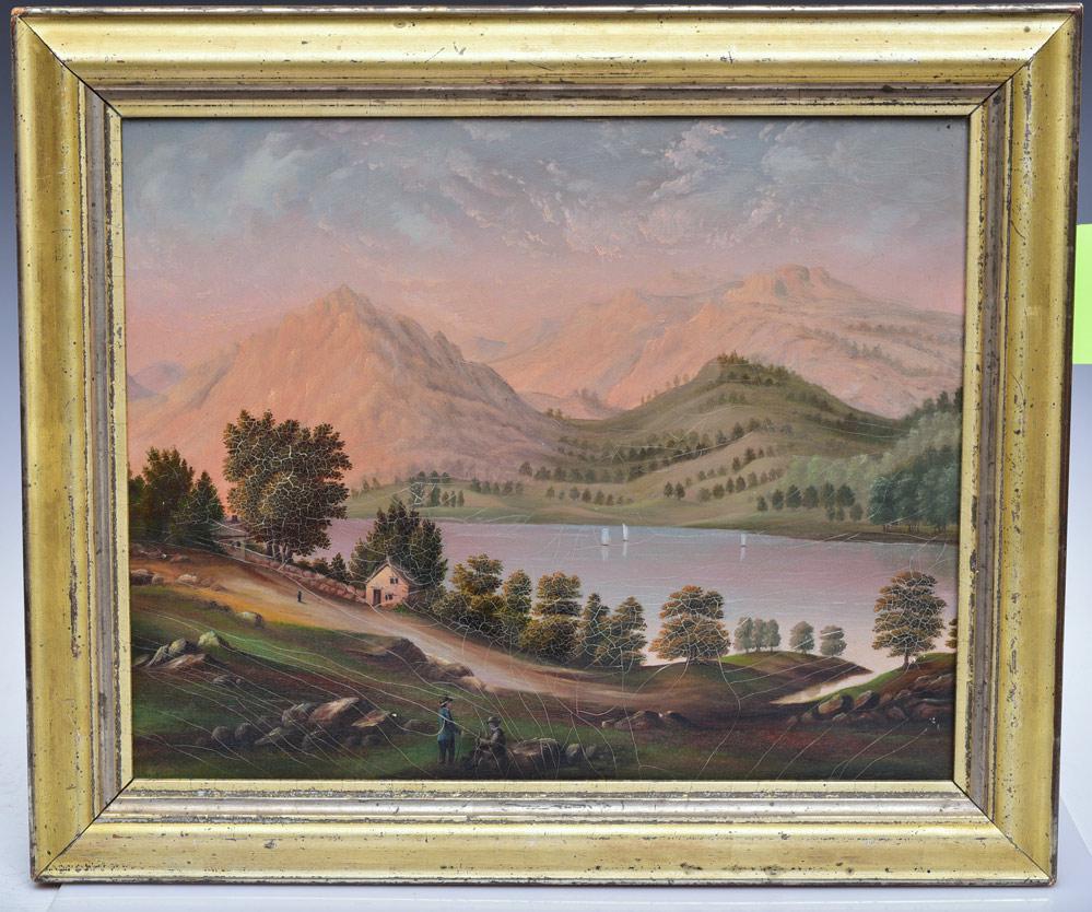 American School: Primitive Landscape with Lake and Figures 13" x 16" oil on board unsigned 16 1/2" x 19 1/2" overall with the frame