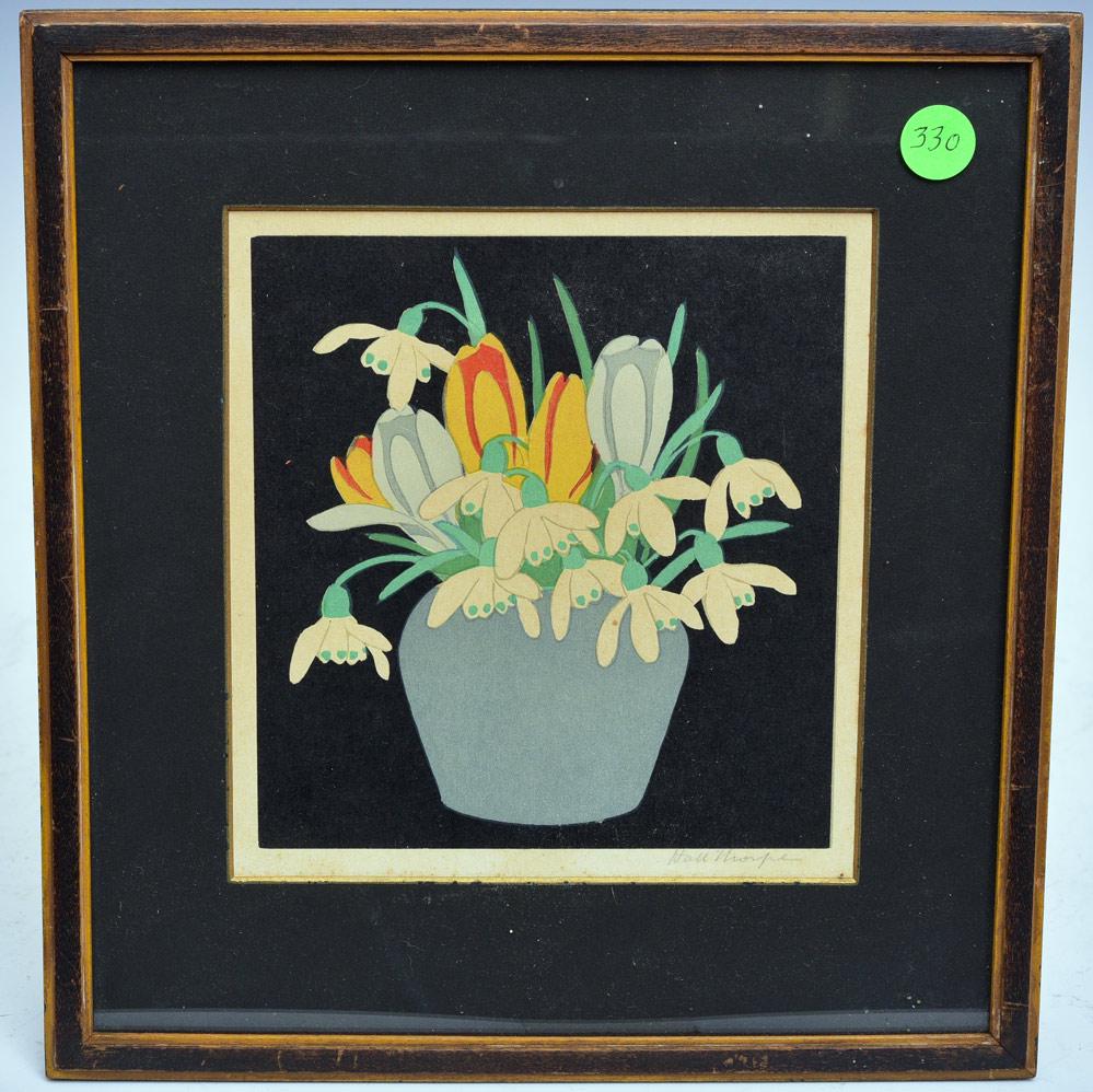 John Hall Thorpe: floral woodblock print 6 1/2"x6" pencil signed