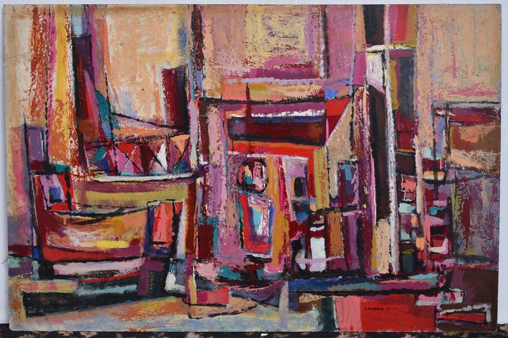 Robert Kaupelis: Boats at the Harbor 24" x 36" oil on board, unframed signed and dated 1954- 1955 lower right