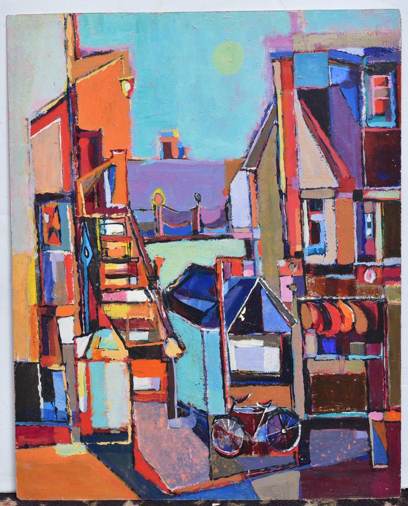 Robert Kaupelis: Cityscape with Bicycle 30" x 24" oil on board signed and dated 1955 lower right