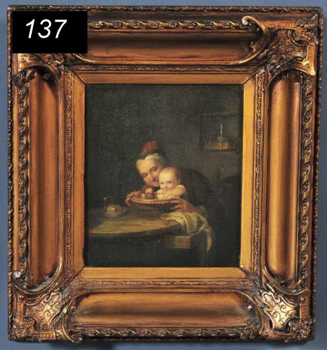 DUTCH SCHOOL Feeding Time 10"x 8 1/2" oil on canva: DUTCH SCHOOL Feeding Time 10"x 8 1/2" oil on canvas 19th century