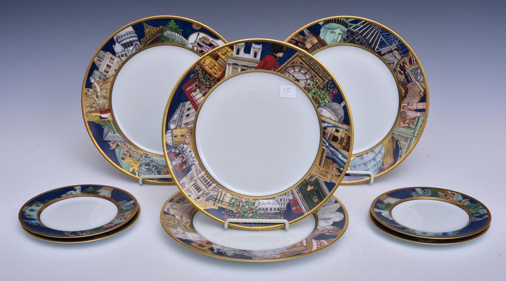 Bernardaud China Dinner and Bread Plates: Metropoles pattern, 8 pieces Paris, New York, Rome and London dinner plates, 10 1/4" diameter and four bread plates, 6 1/2" diameter