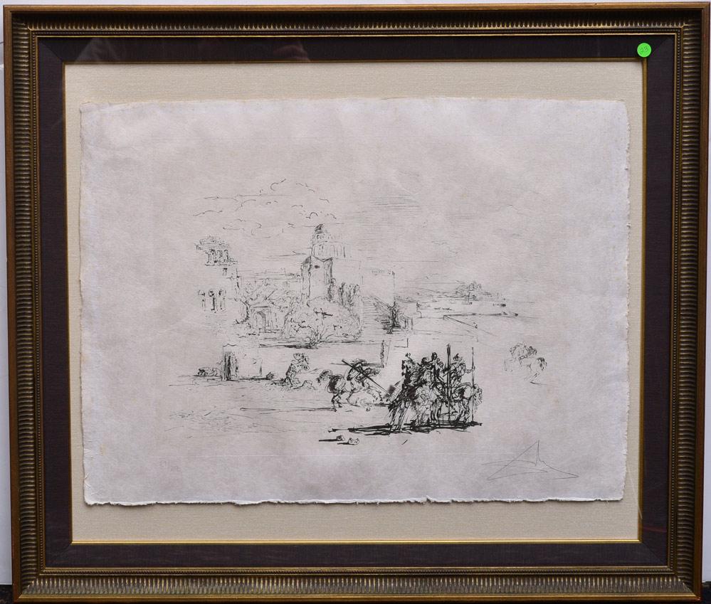Salvador Dali: Don Quixote 22" x 29" (image) etching numbered edition of 250, pencil signed lower right 32 1/2" x 37 1/2" overall with the frame