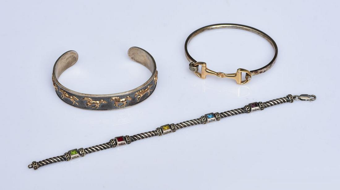 Kabana Sterling Silver and 14k Gold Bracelets: Kabana- Running Horse and Horse Snaffle Bit cuff bracelets, both sterling silver with 14k gold together with a sterling silver bracelet with gem stones stamped "China"
