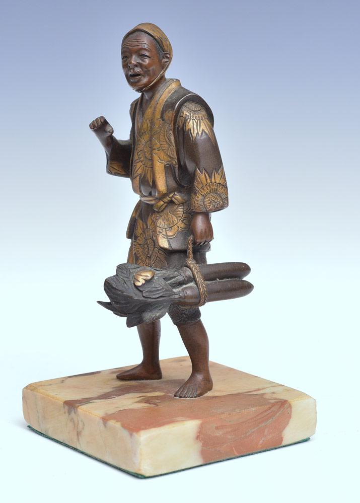 Japanese Meiji Bronze: Japanese Farmer 7 1/2" high overall on an onyx base unsigned